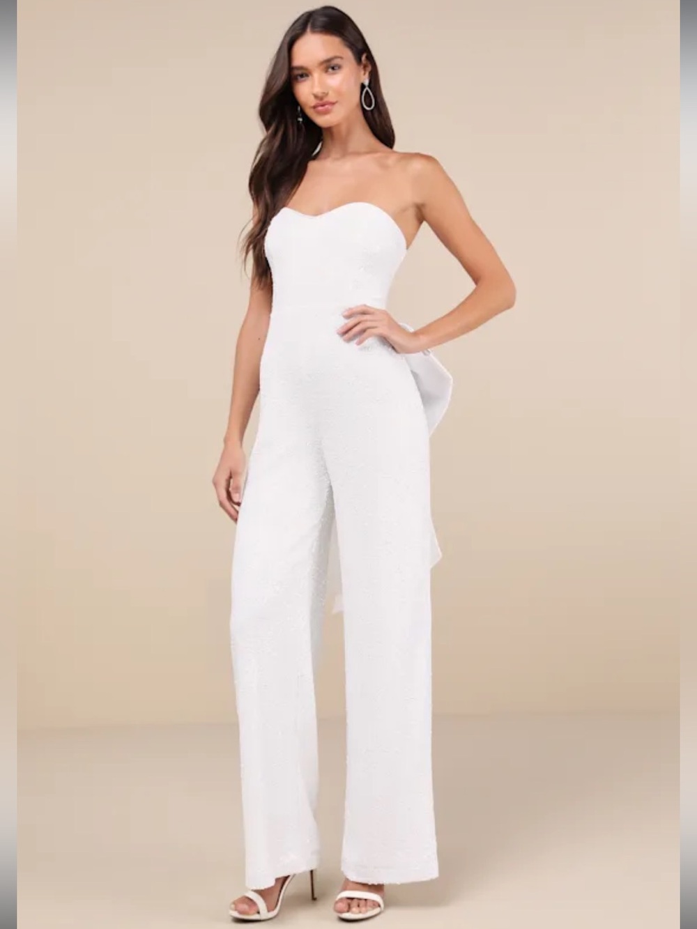 NWT-Mesmerizing Glow White Sequin Removable Bow Wide-Leg Jumpsuit